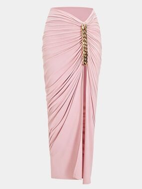 Micas Elegant Pink Ruched Chain-Accent Midi Skirt